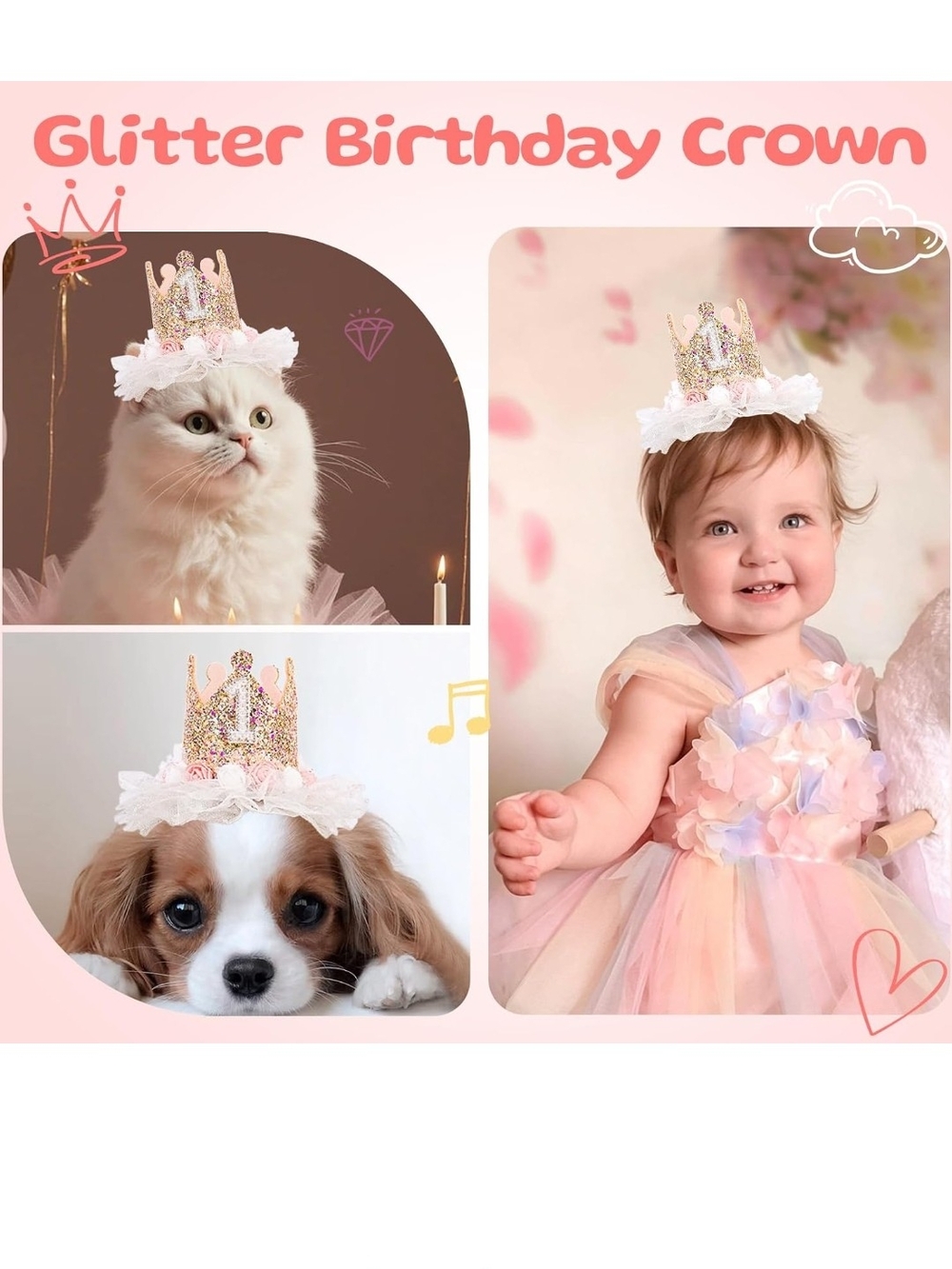 Glitter Pink First Birthday Princess Crown Headband - Picture 4 of 7